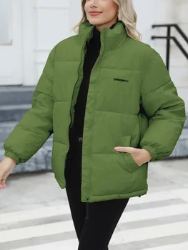 Основна зимни дамски стеганая яке с цип 2023 зелен цвят, дебели топли памучни паркове на финия топола за жени, просто бяло палто ватное