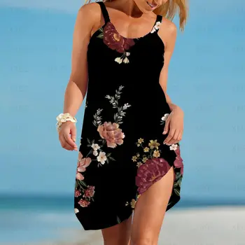 Плажна рокля Рокли за жени 2023, Стръмни жена топ Y2k, Свободна лятна дамска мода секси дрехи без ръкави в стил бохо с флорални принтом