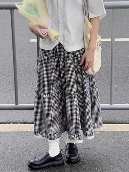 Памучен бельо пола в черно-бялата клетка в японски стил, модни поли трапецовидна форма, с еластичен колан и голяма подолом, дамски дълга пола