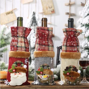 1бр Коледна капачка за бутилка вино, чул, чанти за бутилки Дядо Коледа, изпъстрен калъфи за бутилки вино на съвсем малък за декор на Коледно парти