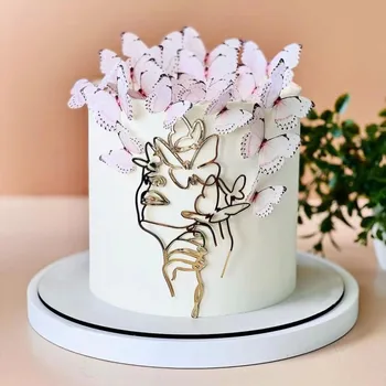Златен акрил минималистичен арт-topper за торта с лицето на дама, украса за тортата с 