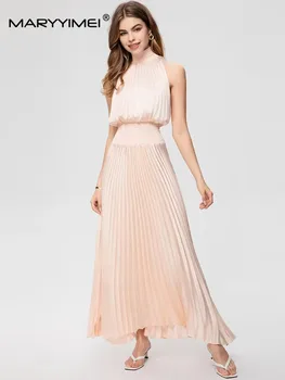 MARYYIMEI/ Модно дизайнерско Пролетно-лятно Женствена рокля с Високо качество на цветовете на Шампанско Без ръкави, Приталенные Плисирани рокли с висока яка