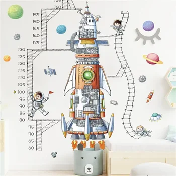 Стенни стикери Space Rocket За декора на стените детски стаи, детска градина Подвижни стикери от PVC за домашен интериор Линийка за измерване на височина
