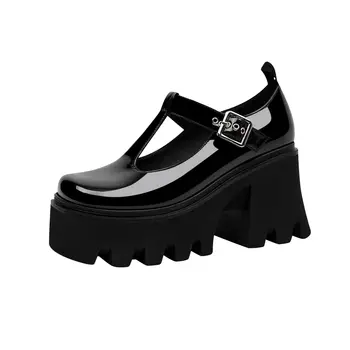 Мери Джейн Обувки-лодка на висок ток с кръгло бомбе Градинска Дамски обувки Дамски Елегантни Плитки Zapatos Mujer с каишка с Т-образна катарама Sapato Feminino