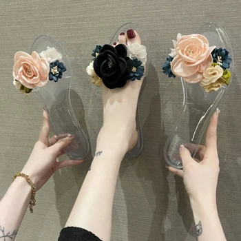 Модни Летни чехли, дамски чехли с прозрачни подметки, украсени с цветя, удобна устойчива на плъзгане луксозен дамски обувки
