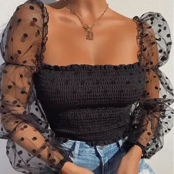 Жена Кратък Топ С една вълнообразна Модел, Сексуална Окото Буйна Блуза С Дълъг Ръкав, Прозрачни Удобни и Дишащи Блуза